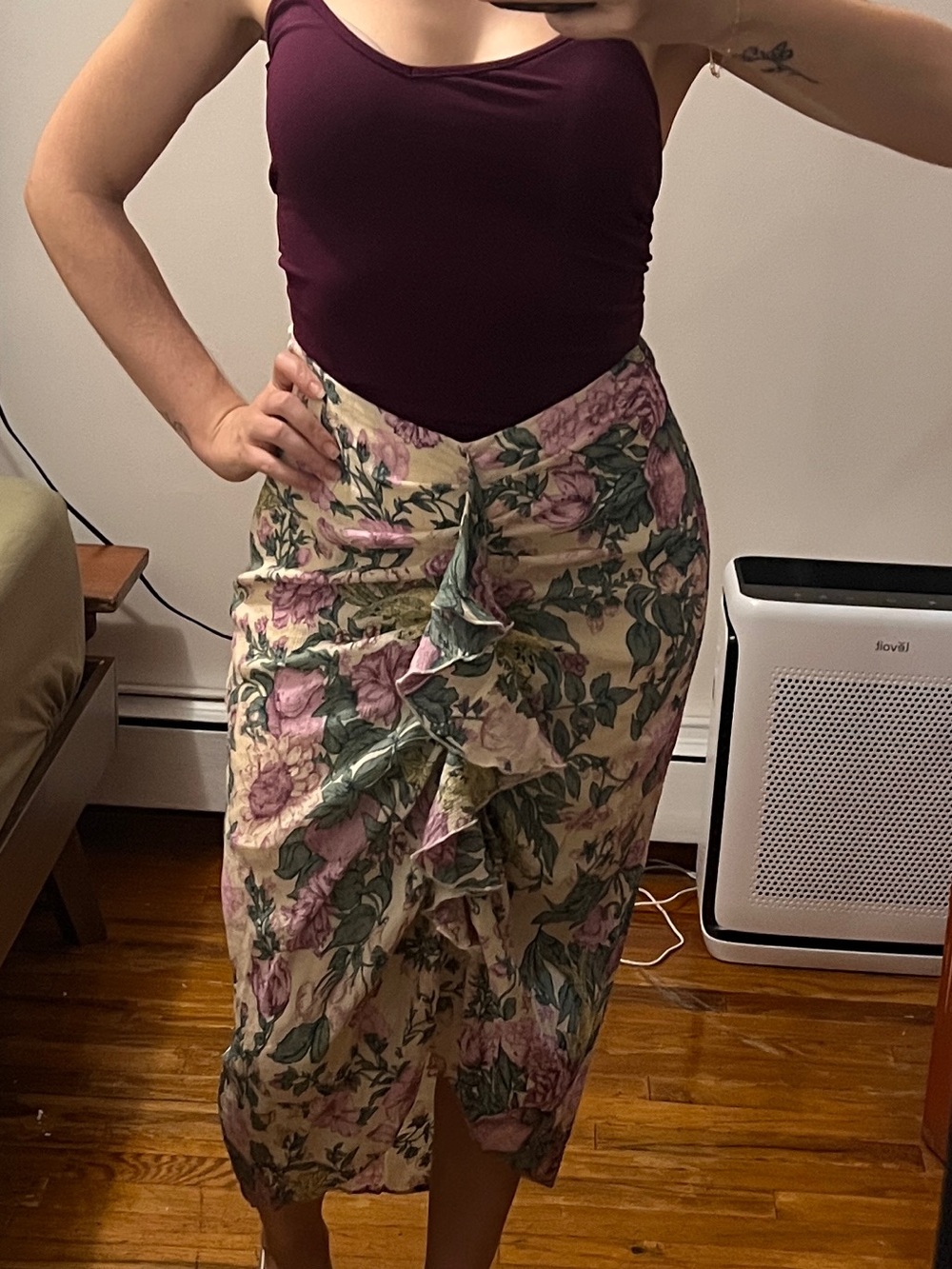 Abercrombie & Fitch crinkle cascading ruffle midi skirt in purple floral